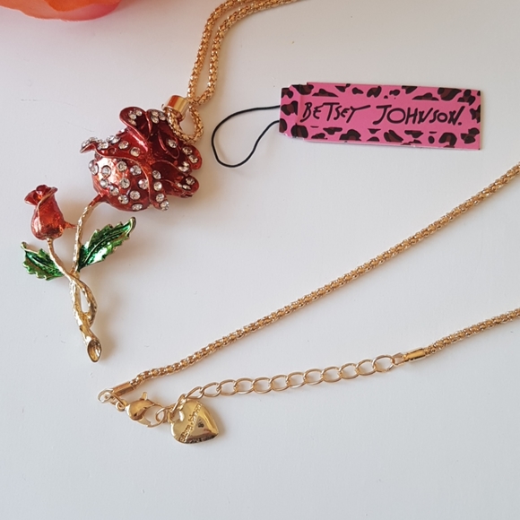 Betsey Johnson Style Necklace Crystal Rose Pendant Chain - Picture 4 of 9